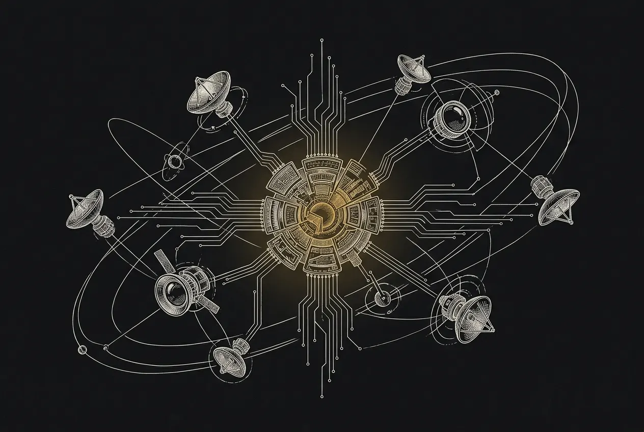 Ink illustration of a gold command node orchestrating a constellation of satellite agents