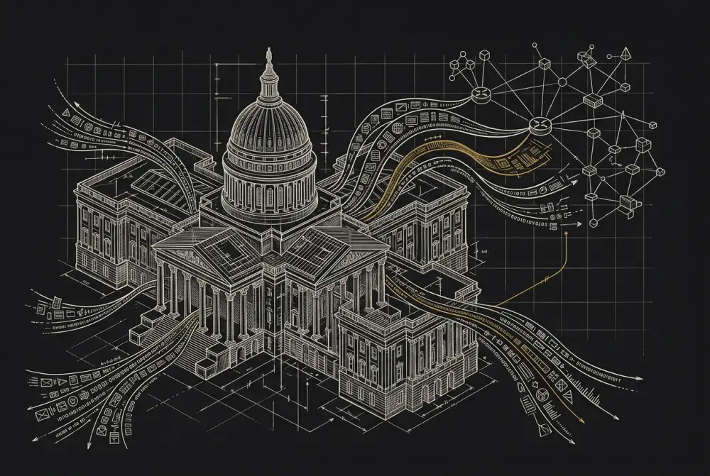Blueprint-style ink illustration of a civic building with data streams flowing to a network