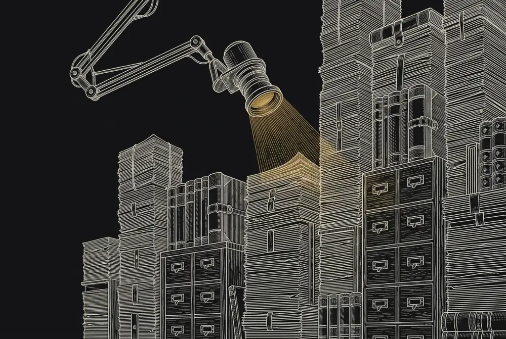 Ink illustration of towering record stacks being scanned by a mechanical lens with a gold beam